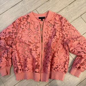 Lane Bryant Floral Lace Bomber Jacket in Pink